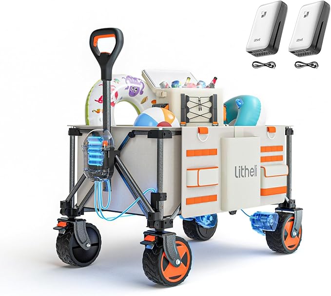 Litheli Electric Wagon Cart with Battery Power, All-Terrain Wheels & Variable Speed | 200L Capacity, 300 lbs Heavy-Duty Utility Wagon for Camping Gear, Beach Trips, Garden Tools & Shopping Hauls