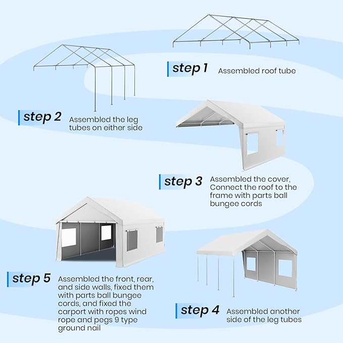 Carport 10x20 Heavy Duty Portable Garage,Carport Canopy with Roll-Up Windows & Doors,Portable Garage and Shelter with Removable Sidewalls,Car Tent Garage with All-Season Tarp for Truck Bike Lawnmower