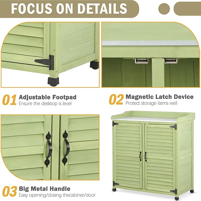Outdoor Potting Bench with Metal Work Top,Waterproof Garden Storage Cabinet,Wooden Tool Station Shed for Backyard,Patio,Lawn Gardening
