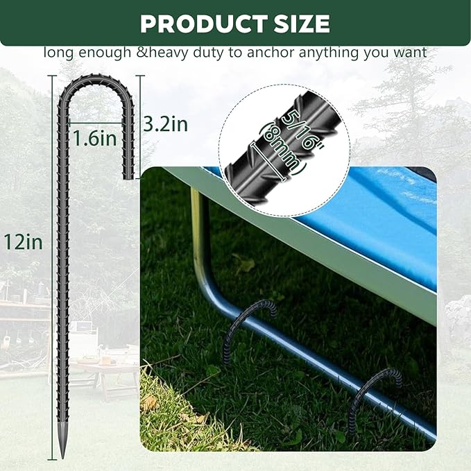 20 Pieces 12 Inch Long 5/16 Inch Diameter Rebar Tent Stakes Heavy Duty, Ground Anchors,Rebar Yard Fence Metal Lawn Bounce House Stakes Heavy Duty, Chain Link Fence J Hooks for Garden Wire Fencing