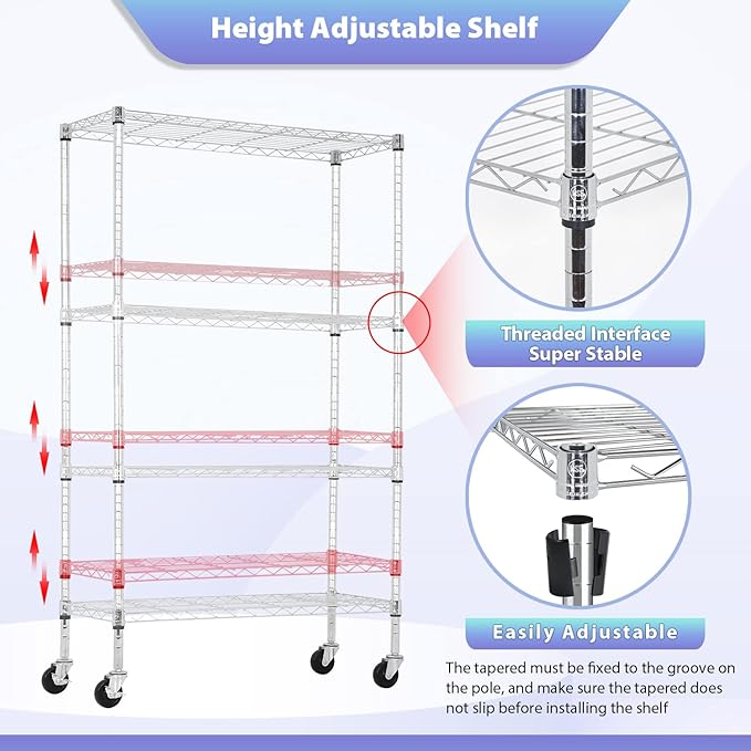 FDW 4-Tier Wire Shelving Storage Shelves Adjustable NSF Wire Shelf Heavy Duty Storage Shelving Unit on 3” Wheel Casters Commercial Metal Wire Rack 36L x 14W x 62H,Chrome