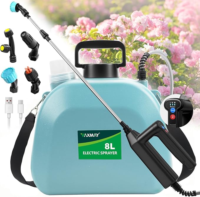Battery Powered Sprayer 2 Gallon, 2025 Upgrade Electric Sprayer with 3 Adjustable Speed, Battery Indicator, 4 Mist Nozzles, Rechargeable Retractable Wand with Adjustable Shoulder Strap for Lawn Garden