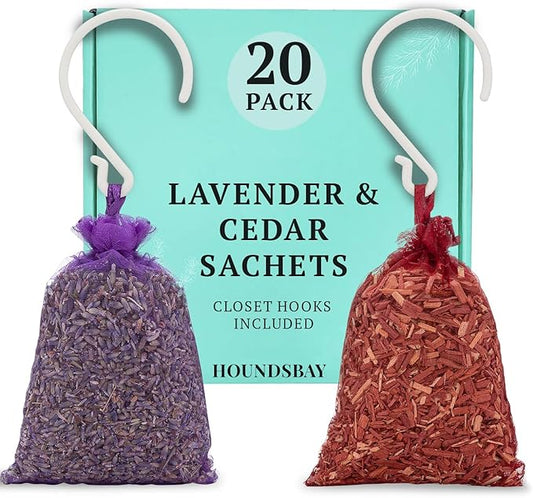 All-Natural Cedar and Lavender Sachet (20 Pack) with Hanger Hooks Included: 10 Lavender Sachets for Drawers and Closets, 10 Cedar Sachets Best Moth Repellent for Clothes