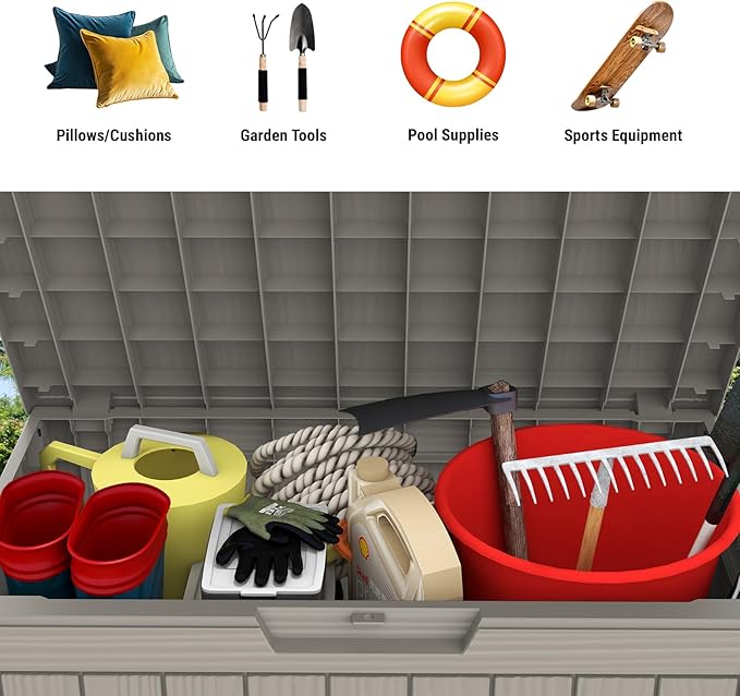 Mars Villa Deck Box, Waterproof Weatherproof and UV Resistant Resin Storage Box, Ideal for Indoor, Outdoor, Patio Furniture Cushions, Pool Supplies, Gardening Tools (45 Gallon, Grey)