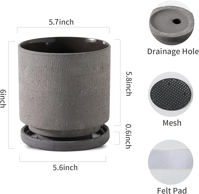 Nihow 5.7 Inch Plant Pot, Ceramic Pots for Plants with Drainage Hole and Saucer, Plant Pots Indoor for Home Garden Patio Office, Cylinder Planters for Indoor Plants, Charcoal Gray