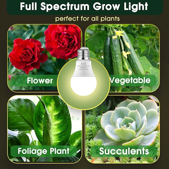 LED Grow Light Bulbs, Full Spectrum - A19, E26 Base, 11W (100W Equivalent), 4 Pack for Indoor Plants, Flowers, Greenhouse