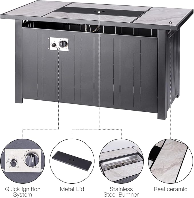 47" Propane Fire Pit Table with Real Ceramic Tabletop, 50000 BTU Gas Firepit Table with Lid & Glass Rock, Outdoor Fire Pit for Dining or Party, Firepit for Outside, Patio