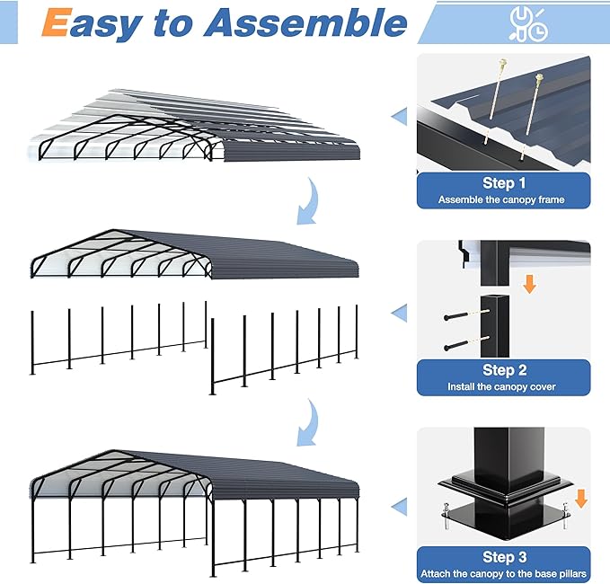 20x30 FT Metal Carport Canopy Heavy Duty with Reinforced Base and Galvanized Steel Roof & Frame, Garage Shelter for Cars, Boats and Trucks