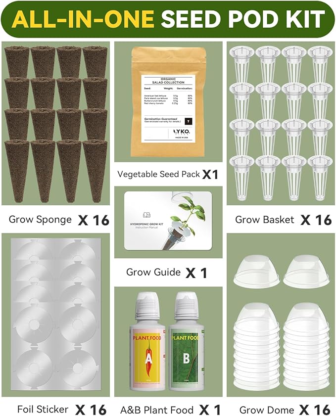 LYKOCLEAN Vegetable & Salad Green Seed Pod Kit for Aerogarden, Ahopegarden, iDOO (16 Pods) – Non-GMO American Fast Lettuce, Green Pepper, Cucumber, Parsley Seeds, Compatible with All Hydroponic System