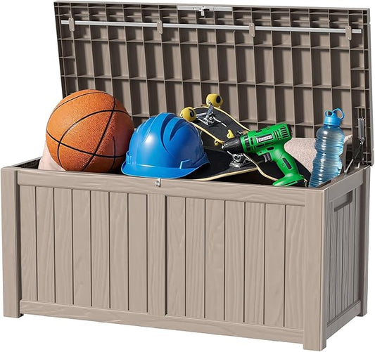 120 Gallon Outdoor Storage Box - Waterproof Resin Deck Box with Stainless Steel Rods - Lockable & UV Resistant Storage Bin for Patio Cushions & Garden Tools - Stylish Grey Design