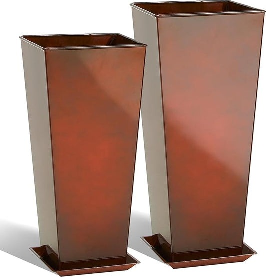 KOL 25'' & 28'' Tall Galvanized Steel Metal Glazed Planter with Insert, Set of 2, Metal Planter Pots for Indoor & Outdoor Use, Decorative Flower Plant Pots for Front Porch, Patio, Deck - Brown
