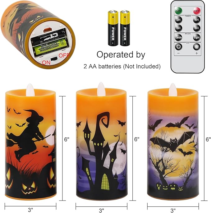 DRomance Halloween Flameless LED Candles Battery Operated with Remote and Timer, Real Wax Flickering Pillar Candles Flat Wick Dimmable Light Castle Witch Bats Holiday Decor(3 Pack, 3 x 6 Inches)
