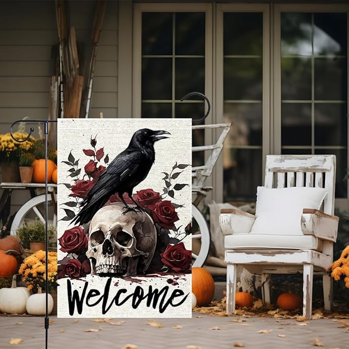 Halloween Welcome Skull Floral Rose Crow Garden Flag Double Sided Vertical, Rustic Farmhouse Yard Day Of The Dead Holiday Outdoor Decorative Flag 12.5 X 18.5 Inch