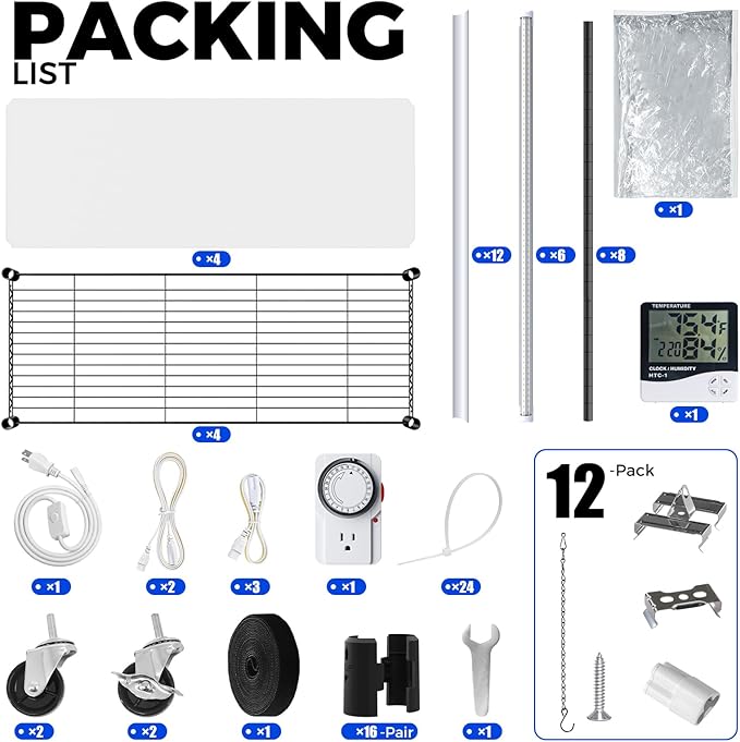 Barrina CX5Z Indoor Greenhouse with Grow Light, 6PCS 30W per Light Full Spectrum T8 Plant Lights, 4-Tier Portable Metal Plant Stand Tent and Thermometer for Seed Starting, 35.4x13.8x59IN