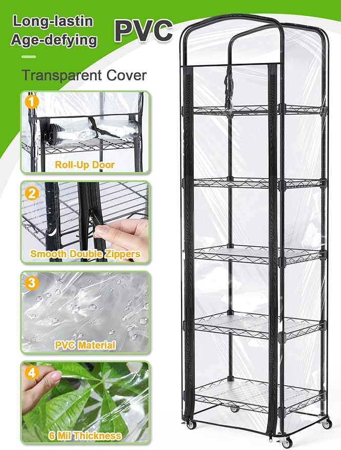 Abimars 5-Tier Mini Greenhouse with Caster Wheels, Each Shelf Height Adjustable Metal Plant Shelf with PVC Cover for Seed Starting Trays, Seedling Pots, Plant Pots, 11x16x57inch
