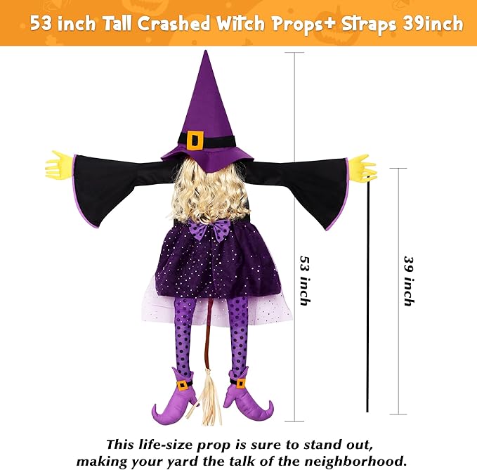53" Purple Crashing Witch Halloween Decorations - Funny Flying Witch Prop for Yard, Porch, Tree, Patio, Door – Large Outdoor Halloween Witch Tree Decor for Garden, Fence, and Haunted House