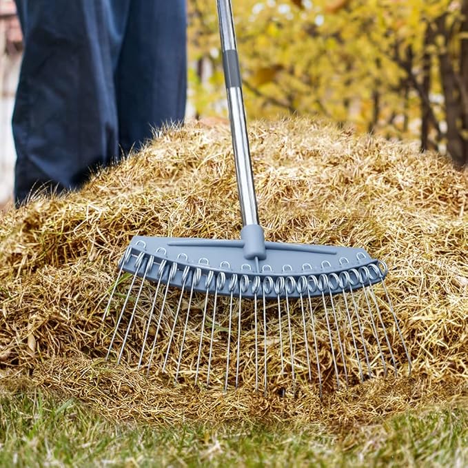Thatch Rake Adjustable 17"-63", Efficient Metal Leaf Rakes, Wide with 24 Durable Steel Tines, Lightweight Garden Thatching Rakes Used for Mulch ,Leaves, Debris, Pine Needles, Shrub, Gravel