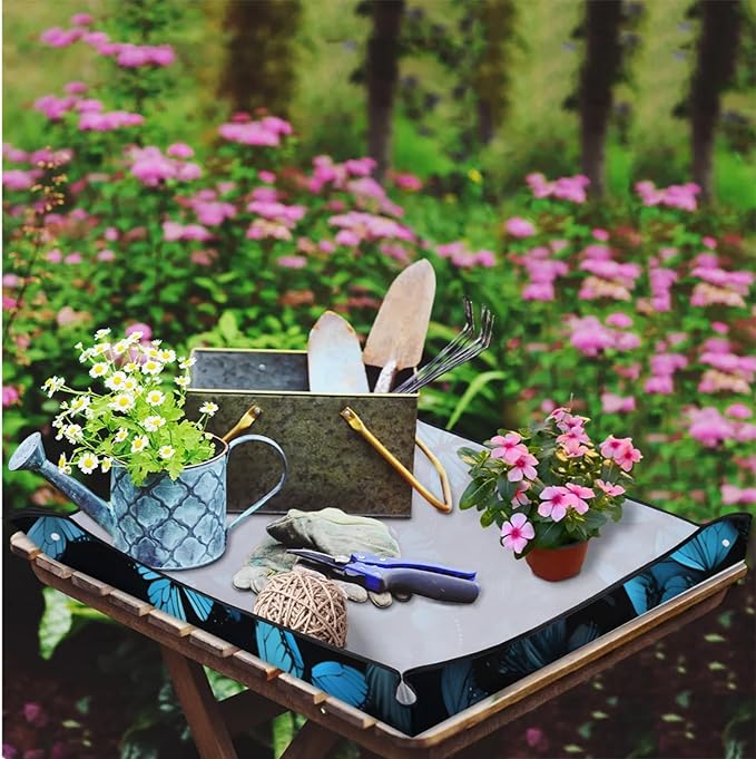 Butterfly Blue Foldable Garden Hand Transplanting Succulent Tools,Waterproof Thickened Repotting Mat Plant Tag, Miniature Planting Indoor Fairy Care,Potting,Cactus,Houseplant Bonsai Tool Kit Gift
