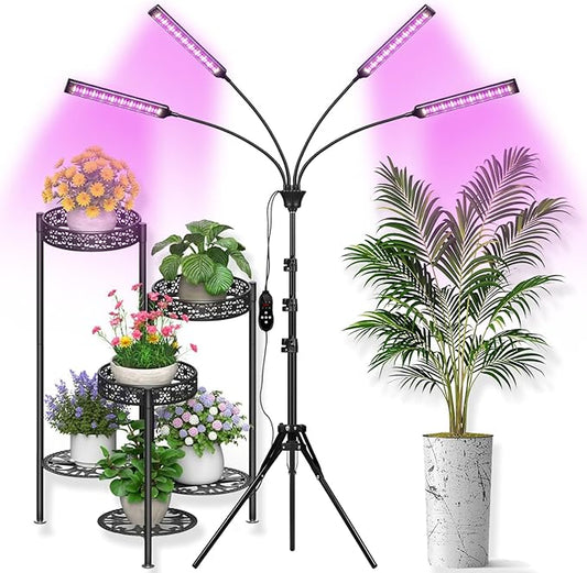 Grow Lights for Indoor Plants 4 Heads, Full Spectrum Plant Lights for Indoor Growing with Tripod Stand, Auto On/Off Timing 3/6/9/12/15/18H, LED Grow Lights for Indoor Plants. (4 Wide Heads)