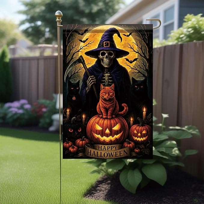 Halloween Garden Flag Witch Skeleton Cat Pumpkin Flag 12x18 Inch Double Sided Outdoor Yard Banner for Trick or Treat Haunted House Halloween Decoration Decor