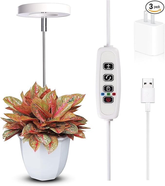 Grow Lights for Indoor Plants Small Potted - Full Spectrum, Auto 3/9/12H Timer, 10-Level Dimming & Adjustable Height - Compact Grow Light for Succulents, Herbs, Foliage in Home/Office (White,1PACK)