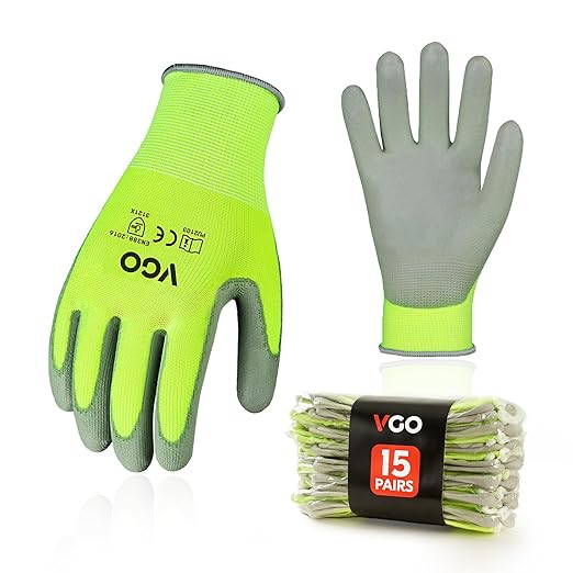 Vgo... 15-Pairs Safety Work Gloves, Gardening Gloves, Polyurethane Coated, Dipping Gloves, Latex Free (Size XL, Yellow, PU2103)