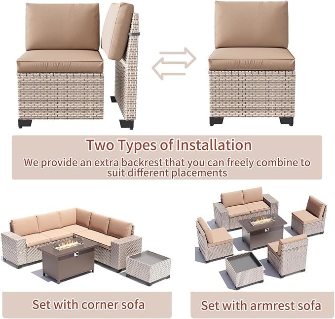 7 Pieces Patio Furniture Set with Propane Fire Pit Table, Outdoor Sectional Wicker Sofa with Cushions and Coffee Table, High Back Rattan Patio Conversation Sets, Khaki