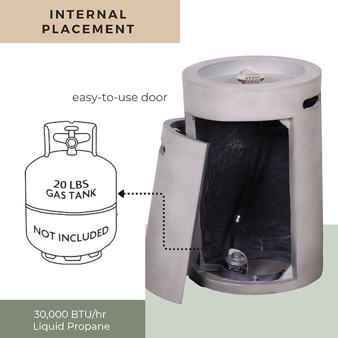 16 Inches Outdoor Round Propane Fire Pit 30,000 Btu with Lava Rocks and Weather Cover TerraFab Faux Concrete, 16” x 16” x 25”, Grey