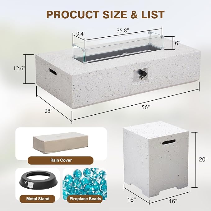 3-Piece Outdoor Propane Fire Pit Table Set – Premium Terrazzo-Like MgO Finish, 56-Inch Gas Fire Table with Tank Table & Glass Wind Guard for Patio, Garden & Backyard, Includes Rain Cover & Glass Beads