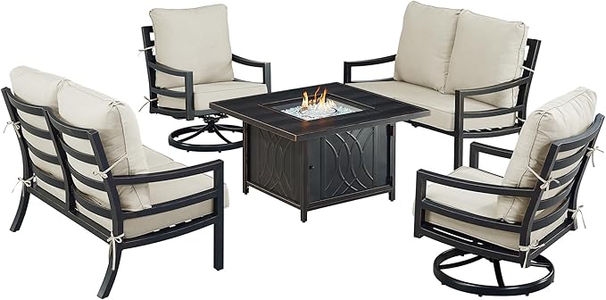 Oakland Living Black Aluminum Patio Fire Table Set with Two Deep Seating Loveseat with Cushions and Two Club Chairs with Light Grey Cushions