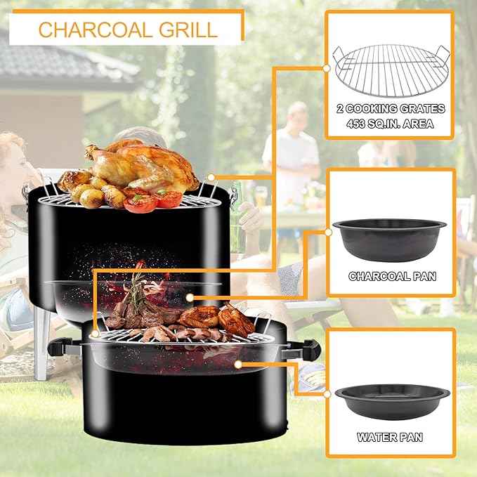 Charcoal BBQ Grill, Heavy Duty 3-in-1 Barbecue Smoker Grill for Garden Camping Outdoor Cooking and Grilling