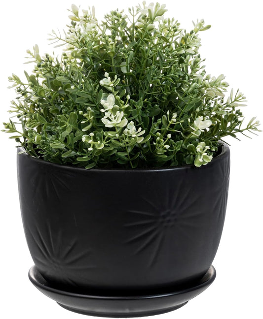 MyGift 7 Inch Round Matte Black Ceramic Plant Pot with Drainage Hole and Attached Saucer, Modern Decorative Embossed Sunburst Planter Container for Indoor Home Garden