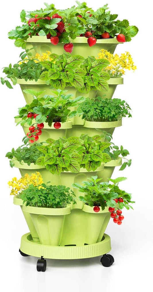 Strawberry Stacking Planters, Vertical Garden Tower, 5 Tiered Stackable Herb Vegetable Planters with Movable Casters and Bottom Saucer Indoor and Outdoor - Green