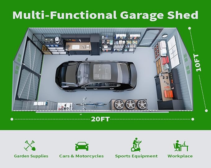20 x 10 FT Outdoor Storage Shed, Large Metal Garden Shed with 2 Lockable Doors, Tool Shed Outdoor Storage with 4 Air Vents, Garage Shed Waterproof for Car, Truck, Bike, Garbage Can, Tool, Dark Gray