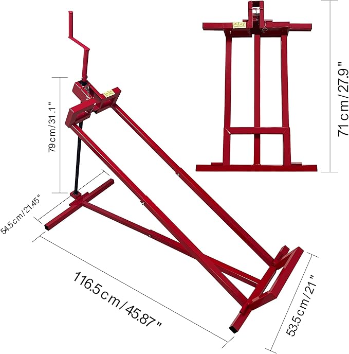Riding Mower Lift,890 Lbs Capacity Lawn Mower Lift Jack with Manual Handle and Power Tool Extension Handle,Foldable Design,Ride on Lawn Mower Lift for Lawn Mowers and Garden Tractors, Red