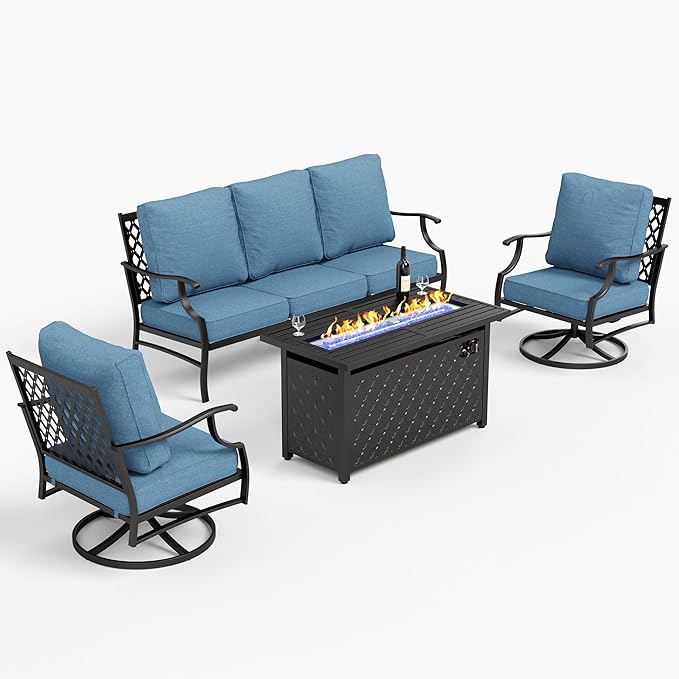 6 Piece Metal Outdoor Patio Furniture Set with Firepit Table, Patio Conversation Set 1 3-seater Sofa, 2 Swivel Chair, 2 Ottoman with 5.75" Thick Cushion, Black Backyard Furniture, Navy