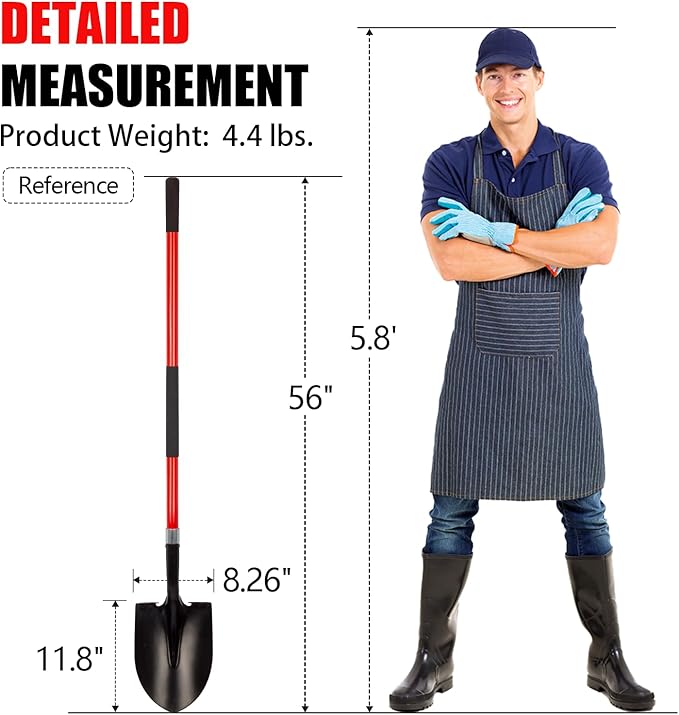 Heavy Duty Gardening Shovel, 56 Inch Round Blade with Fiberglass Handle (Red)