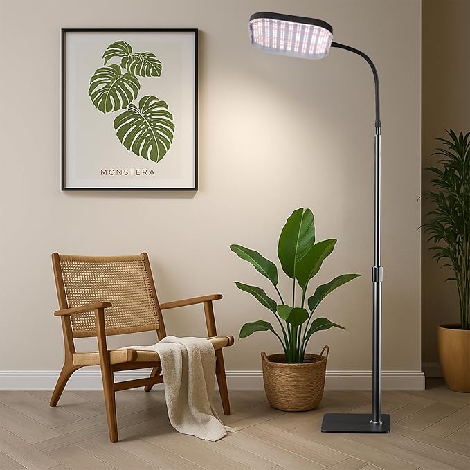 Square Grow Light for Indoor Plants, 336 LEDs 6000K Full Spectrum 12V 3A High Power Floor Plant Light with Stand for Indoor Large Tall Plants Faster Growing, 4/8/12H Timer & Height Adjustable 16-29"