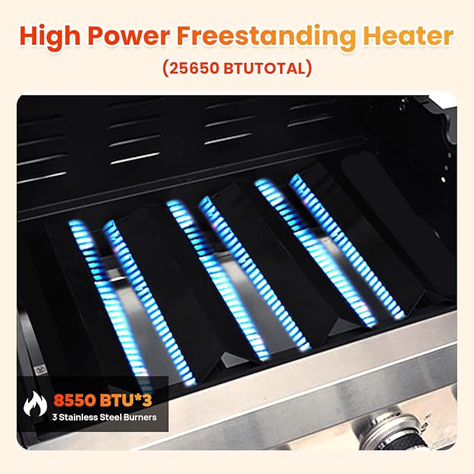 3-Burner Propane Gas BBQ Grill, Porcelain-Enameled Cast Iron Grates and 2 Foldable Side Tables, 25,650 BTU Stainless Steel Grill for Outdoor Camping Barbecue Grilling Backyard Cooking