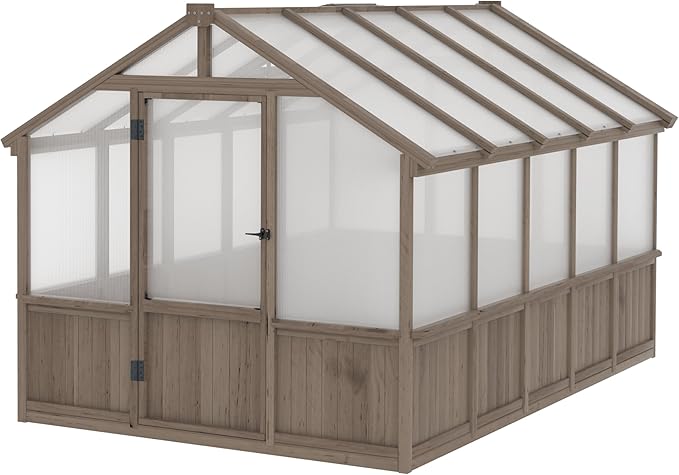 VEIKOU 8x10FT Greenhouses for Outdoors, Walk-in Wooden Greenhouse with Cedar Frame & Adjustable Vent, Garden Green House with 6MM Thick Polycarbonate Panel for Outside, Backyard, Light Brown Mocha