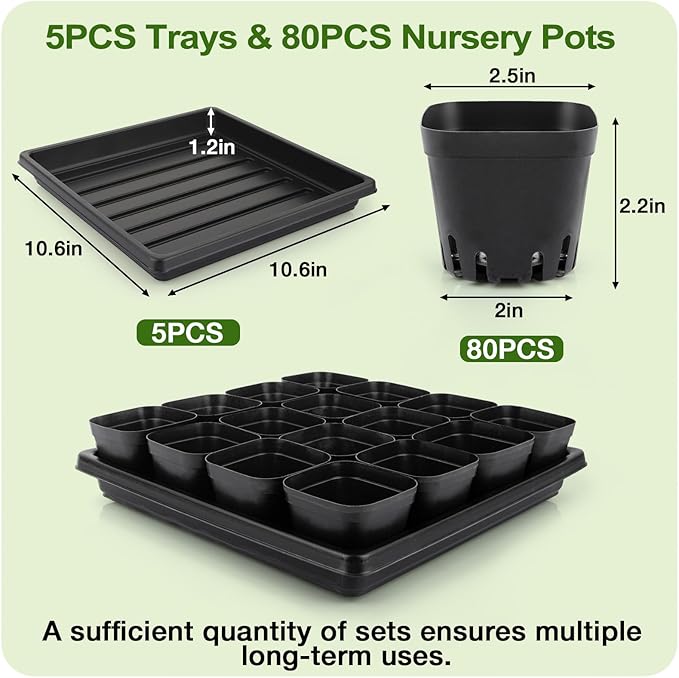 80Pcs 2.5inch Square Nursery Pots with 5Pcs Seed Starting Trays, Seed Starter Tray Kit, Seeds Starting Germination, Seeding Pots with Drain Holes, Small Plant Nursery Propagation