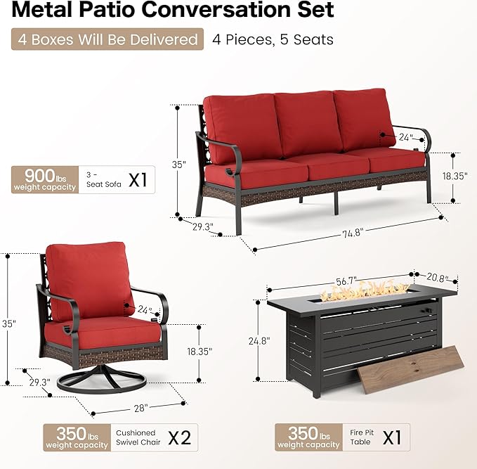 4 Piece Black Metal Outdoor Patio Furniture Sets with Firepit Table, Patio Conversation Sets 1 3-Seater Sofa, 2 Swivel Sofa with 5.75" Thick Cushion Backyard Furniture for Deck, Red