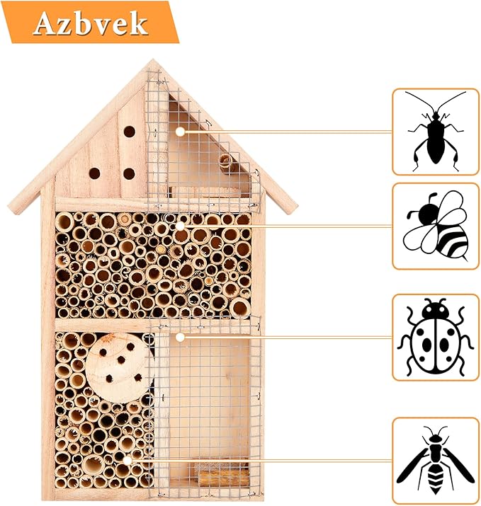 Wooden Insect House Hotel for Bee, Butterfly, Ladybirds, Beneficial Insect Habitat, Bug Hotel Garden 11.7" x 7.7" (B)