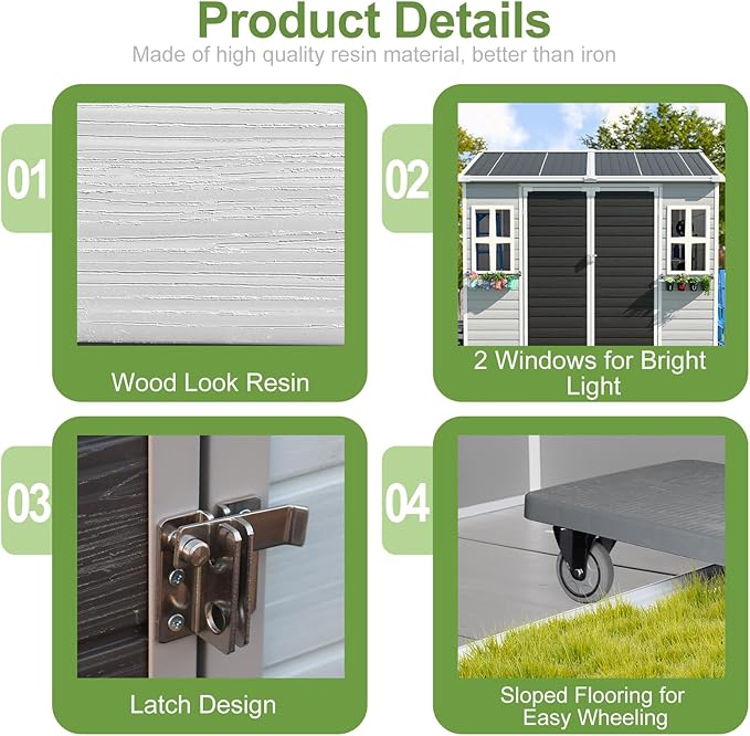 8x6x7 FT Resin Storage Shed, Waterproof Outdoor Shed w/Floor Included, 2 Windows, Double Lockable Doors & Vents,Outside Plastic Tool Sheds for Garden, Lawn, Backyard, Dove Grey