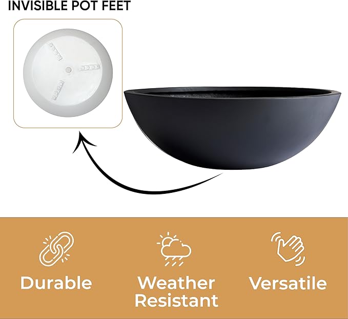 6.9" H x 19.7" D Round Bowl Fiberstone Planter for Succulent and Lotus, Drainage Hole, Weather Resistant for Indoor and Outdoor Use, Included 2 Extra Coco Mats (Black, 17.9" Pot Opening)