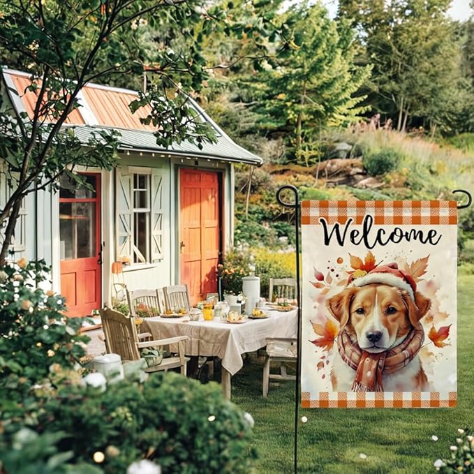 Autumn Dog Garden Flag with Falling Maple Leaves Design Double Sided Farmhouse Welcome Decorative Small Burlap Flags 12.5 x 18 Inch for Fall Harvest Thanksgiving Decor (Orange)