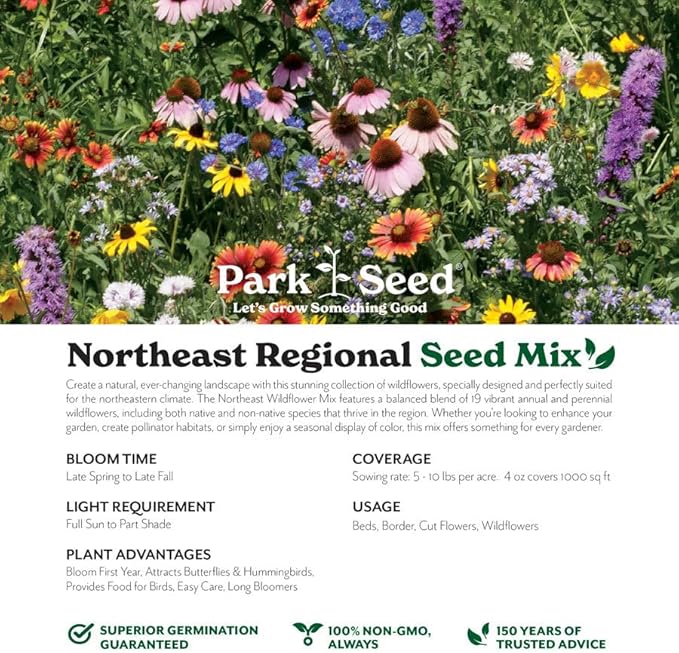 Park Seed Grow Your Own Vibrant Annual and Perennial Wildflower Garden Seeds Mixture, Easy to Grow Varieties for Pollinators and Spring Gardens - Northeast Regional Mix, 10 lbs