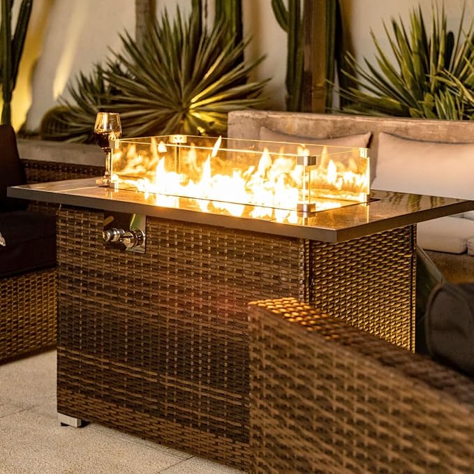 44in Outdoor Propane Gas Fire Pit Table, 50,000 BTU Auto-Ignition Gas Firepit with Glass Wind Guard, Marble Tile Tabletop, Mixed Color Glass Rocks, Brown PE Rattan