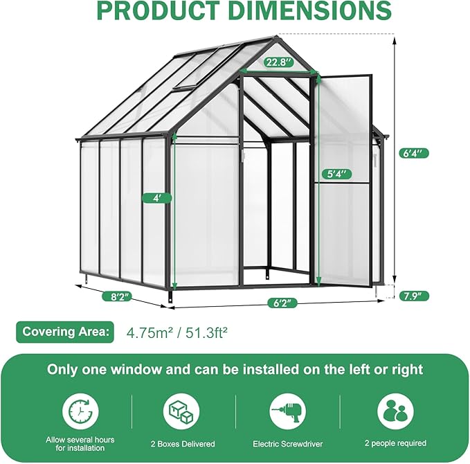 CDCASA 8.2x6.2 FT Greenhouse for Outdoors, Easy Assembly Aluminum Heavy Duty Polycarbonate Greenhouses w/Vent Window, Swing Door, Walk-in Green House for Sunroom Patio, Backyard, Garden,Black