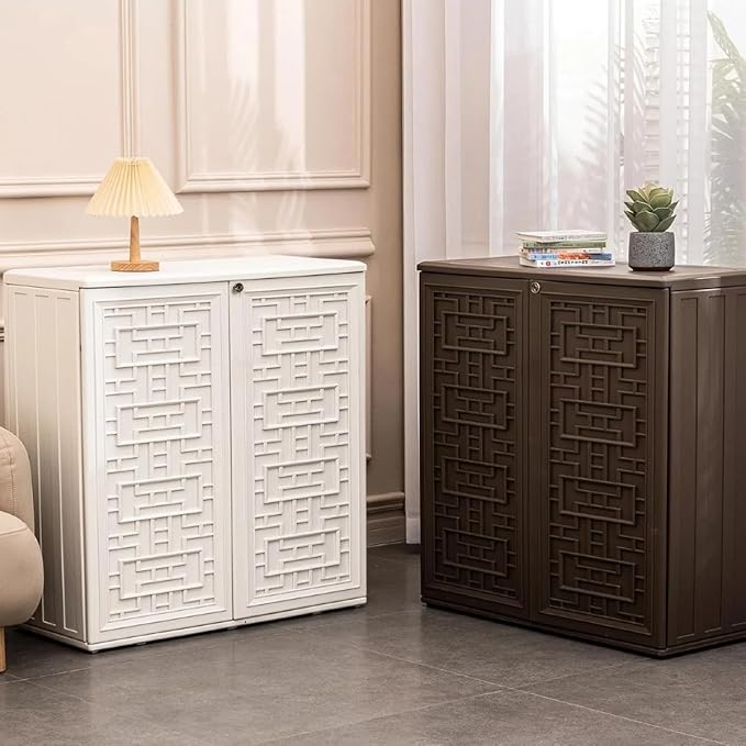 ZZM HDPE Outdoor Storage Shed, Outdoor Plastic Storage Cabinet, Horizontal Resin Tool Shed for Garden, All Weather Outdoor Storage Clearance, DIY Usage, with one Shelf (Coffee)